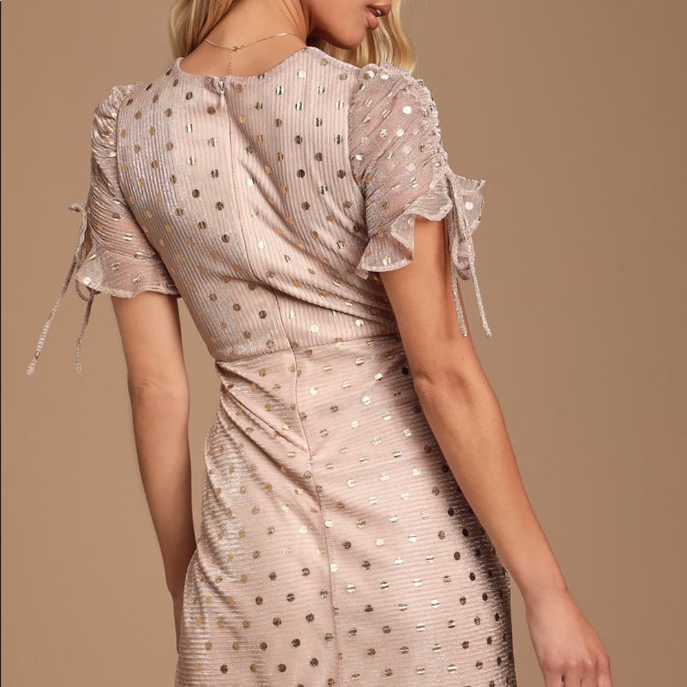Light Pink Rose Gold Polka Dot Ruffle Dress - Picture 2 of 7